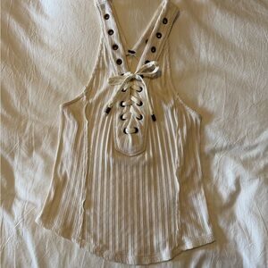 Cream Lace-Up Ribbed Free People Tank Top small